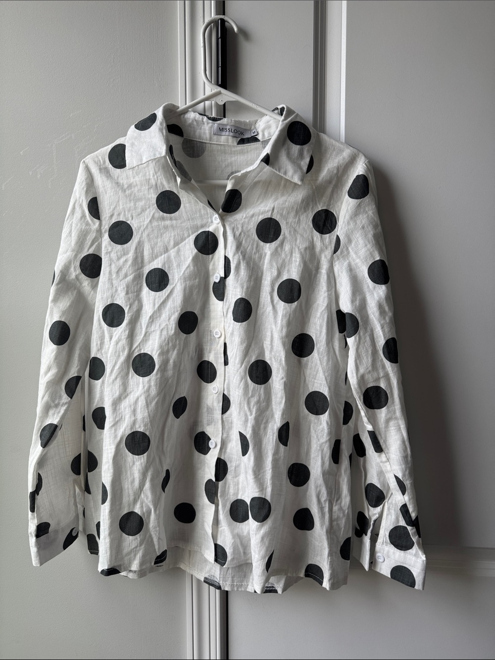 White Button-Down Shirt with Black Polka Dots